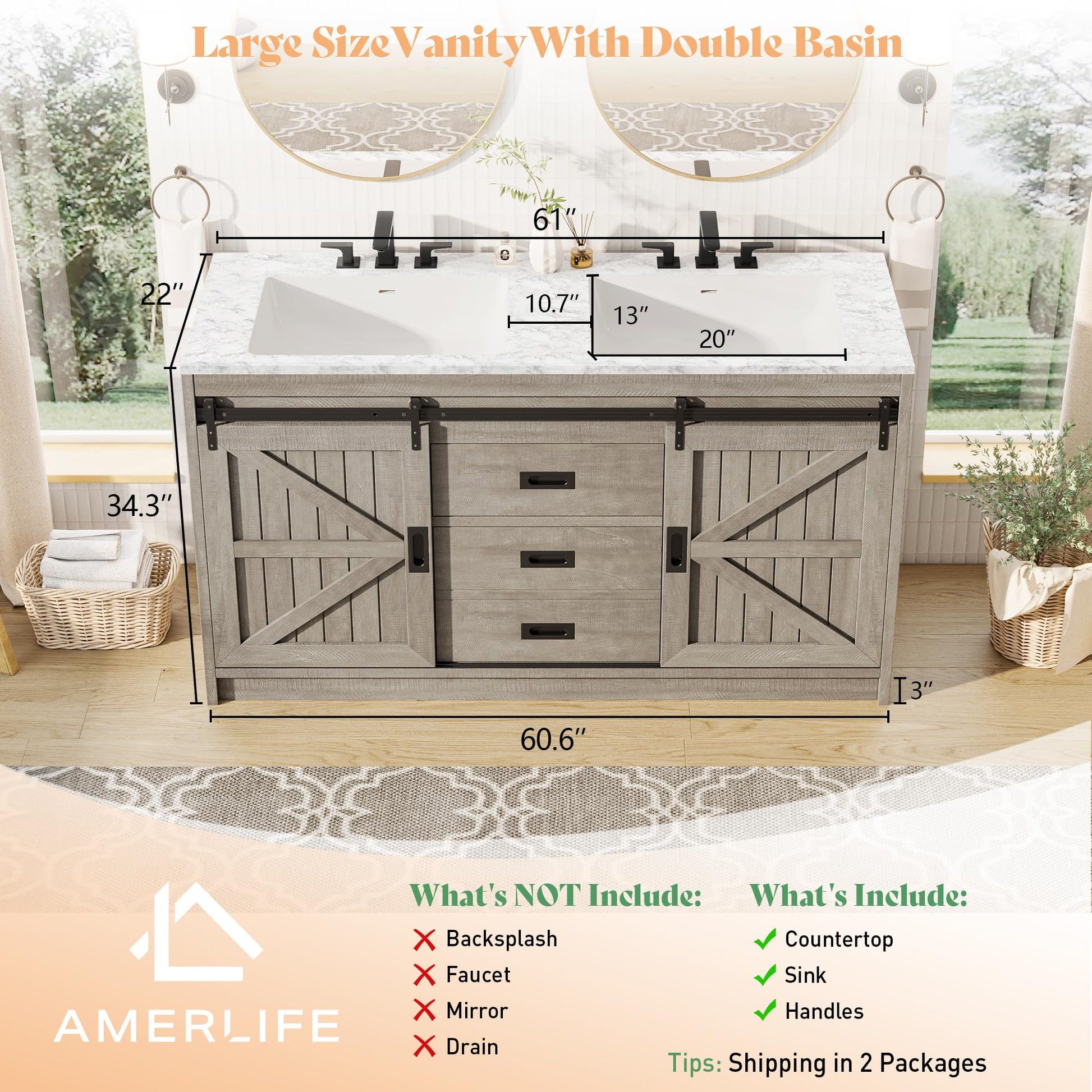 Bourbon Sliding Barn Vanity 60 inch Light Grey