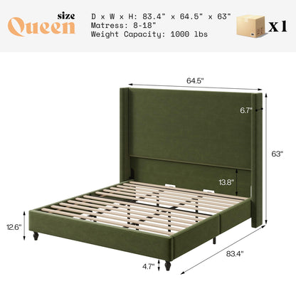 Cordelle Corduroy Wingback Bed Frame-Queen-Green
