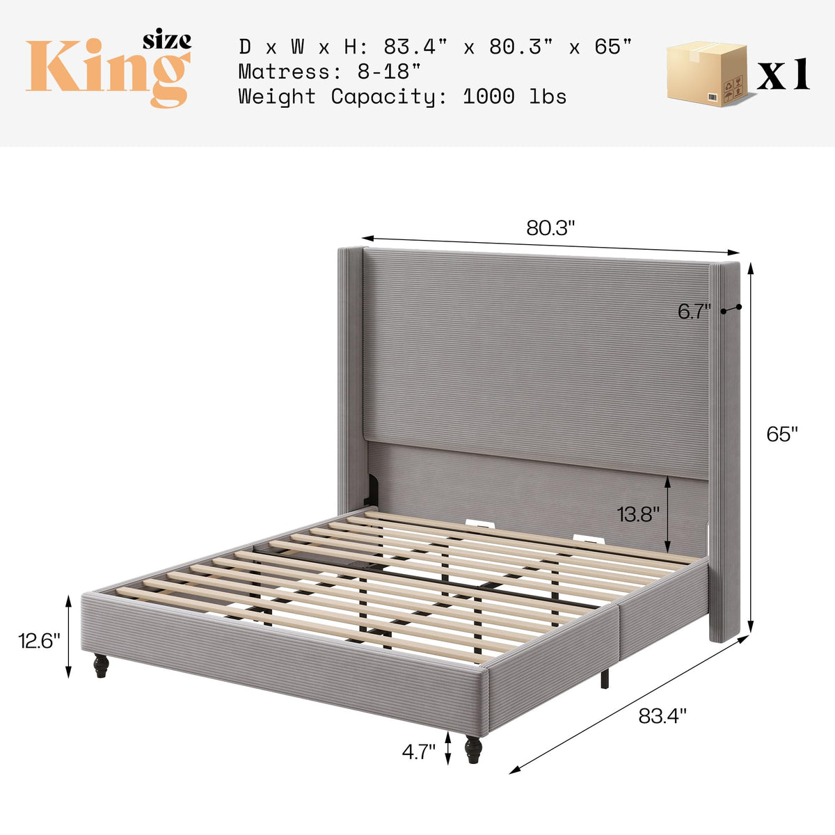 Cordelle Corduroy Wingback Bed Frame-King-Light Grey