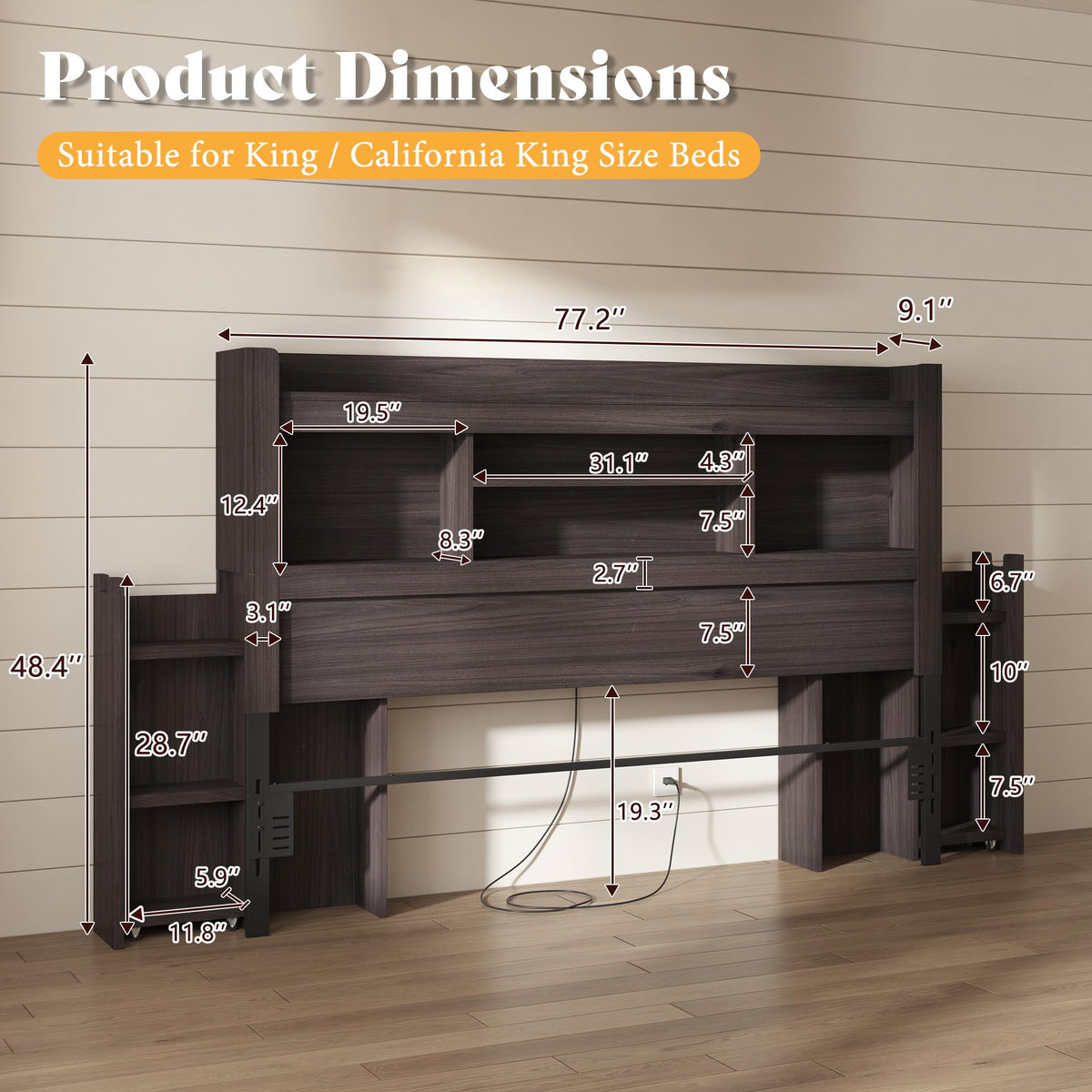 Farmhouse King Headboard with Storage & LED Lighting-Black Oak-King
