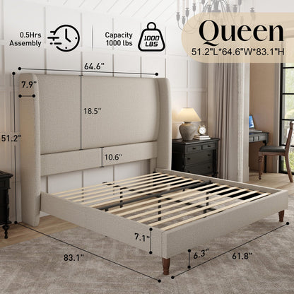 Tall Upholstered Bed Frame with Wingback Headboard-Queen-Khaki