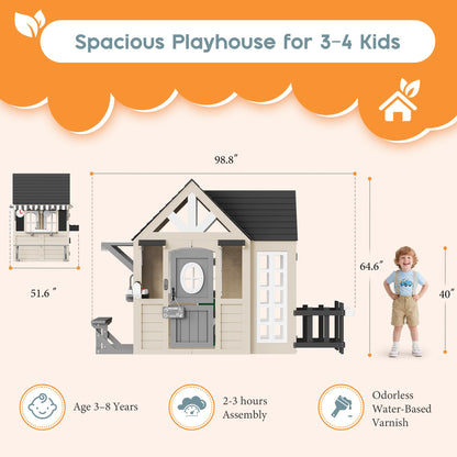 Wooden Outdoor Playhouse for Kids with Kitchen-Beige-98.8" L x 51.6" W x 64.6" H