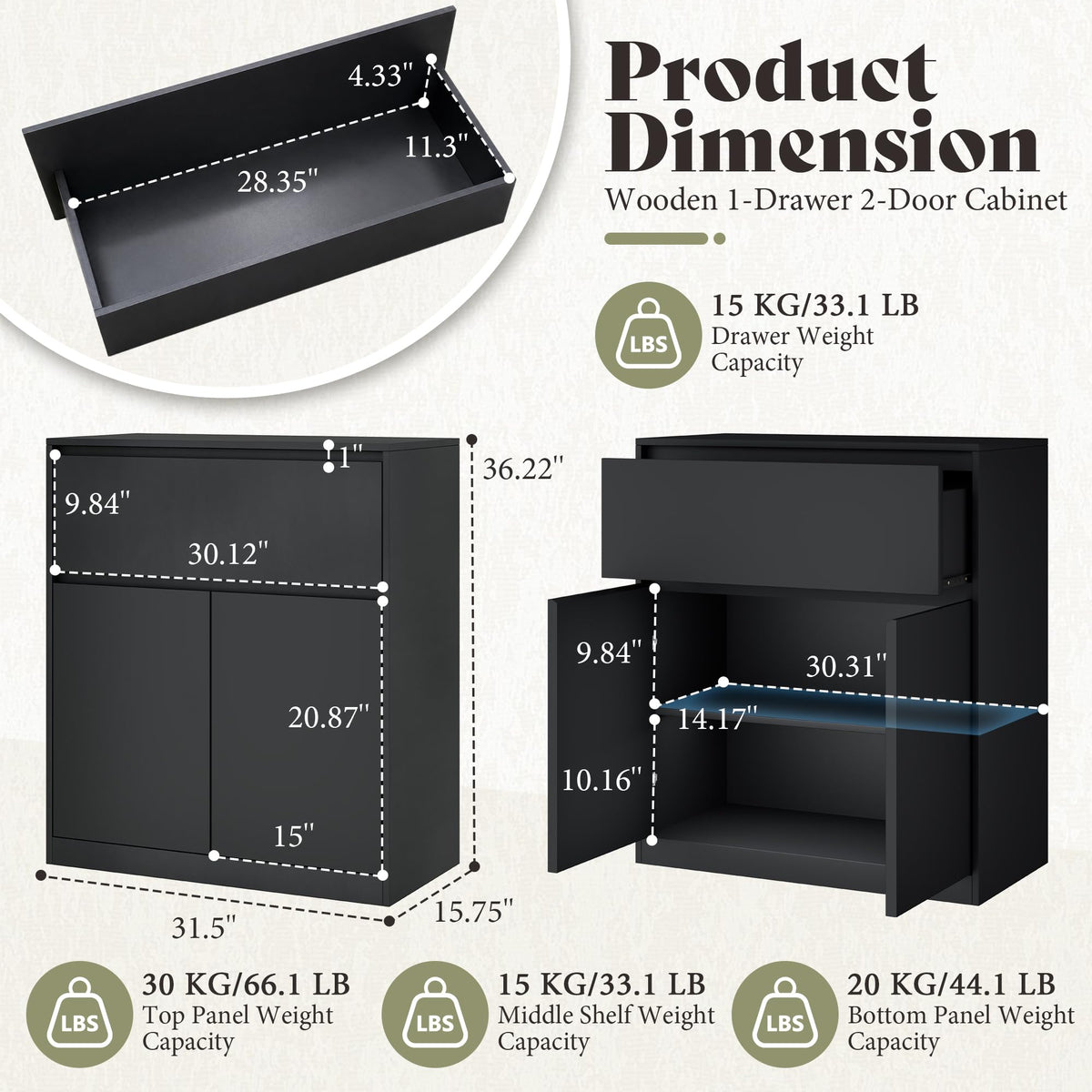 Amerlife Modular Glass Display Cabinet-2-Door & 1-Drawer Cabinet-Black