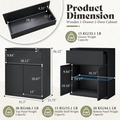 Amerlife Modular Glass Display Cabinet-2-Door & 1-Drawer Cabinet-Black