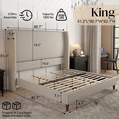 Tall Upholstered Bed Frame with Wingback Headboard-King-Off-white