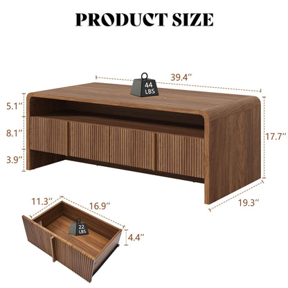 Modern Wood Grain Coffee Table with Drawers-Brown-Fluted