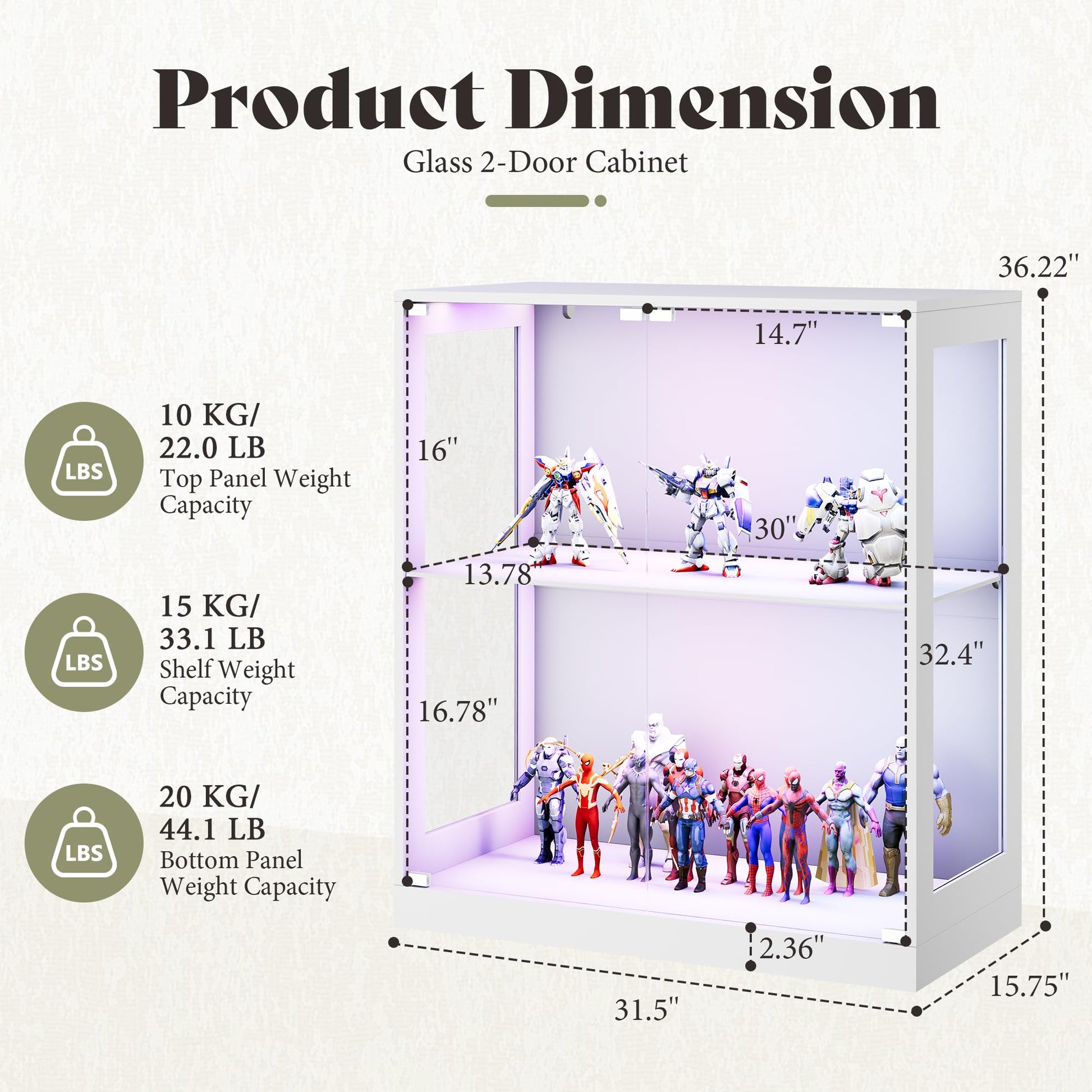 Amerlife Modular Glass Display Cabinet-Glass 2-Door Display Cabinet-White