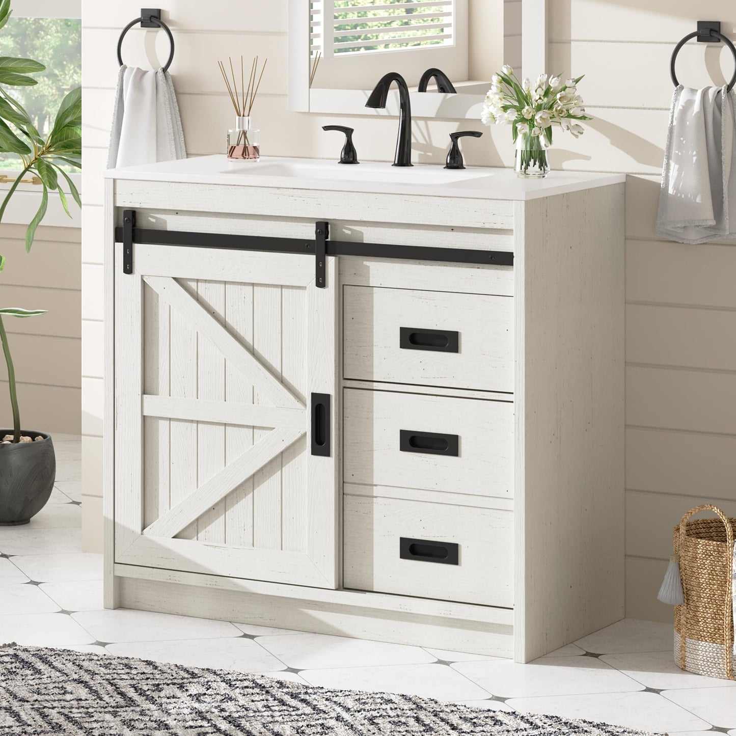 Bourbon Sliding Barn Vanity 36 inch Rustic White