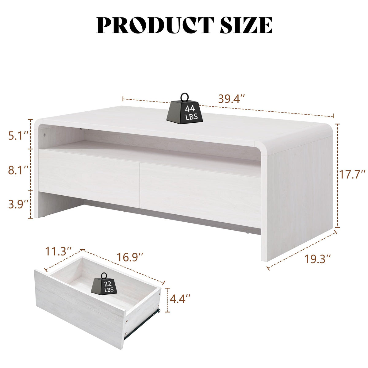 Modern Wood Grain Coffee Table with Drawers-White-Flat