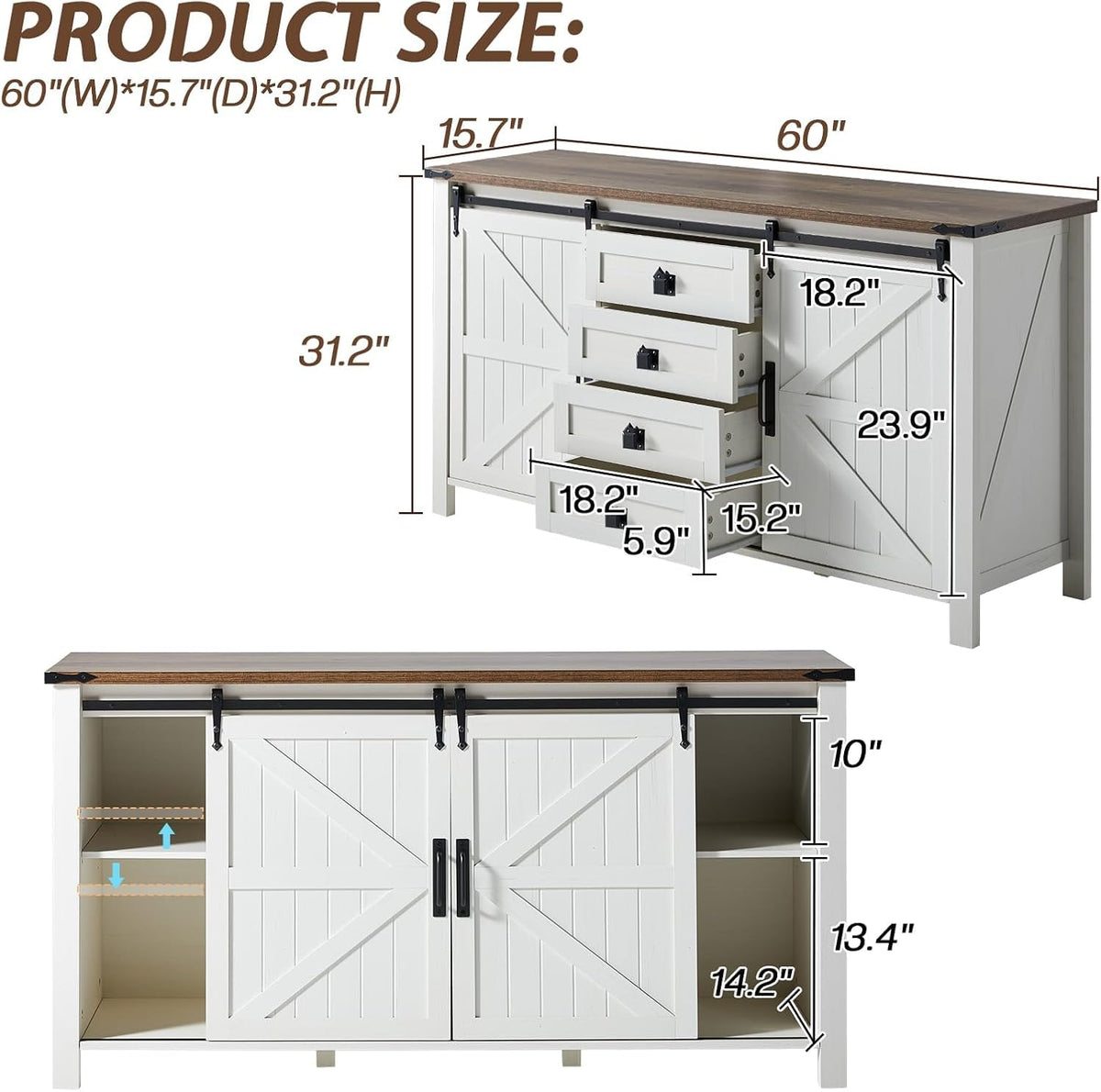 Marlowe Farmhouse Dresser with Drawers-15.8"D x 60"W x 31"H (4 Drawers)-Distressed White