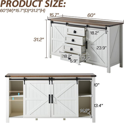 Marlowe Farmhouse Dresser with Drawers-15.8"D x 60"W x 31"H (4 Drawers)-Distressed White