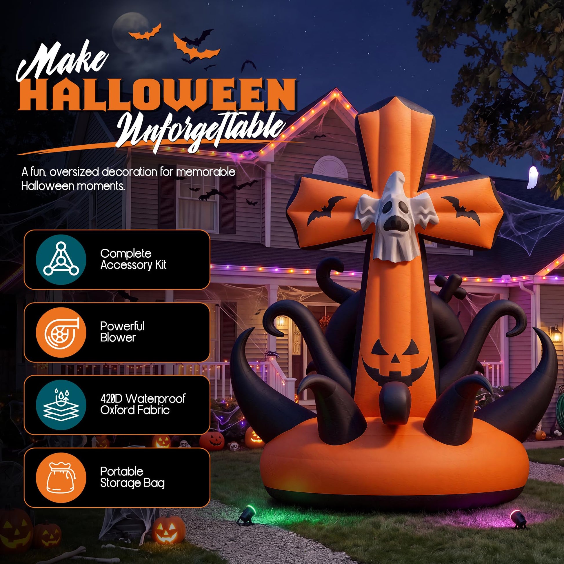 Giant Halloween Inflatable Ghost & Pumpkin-Pumpkin Cross-19.7 FT