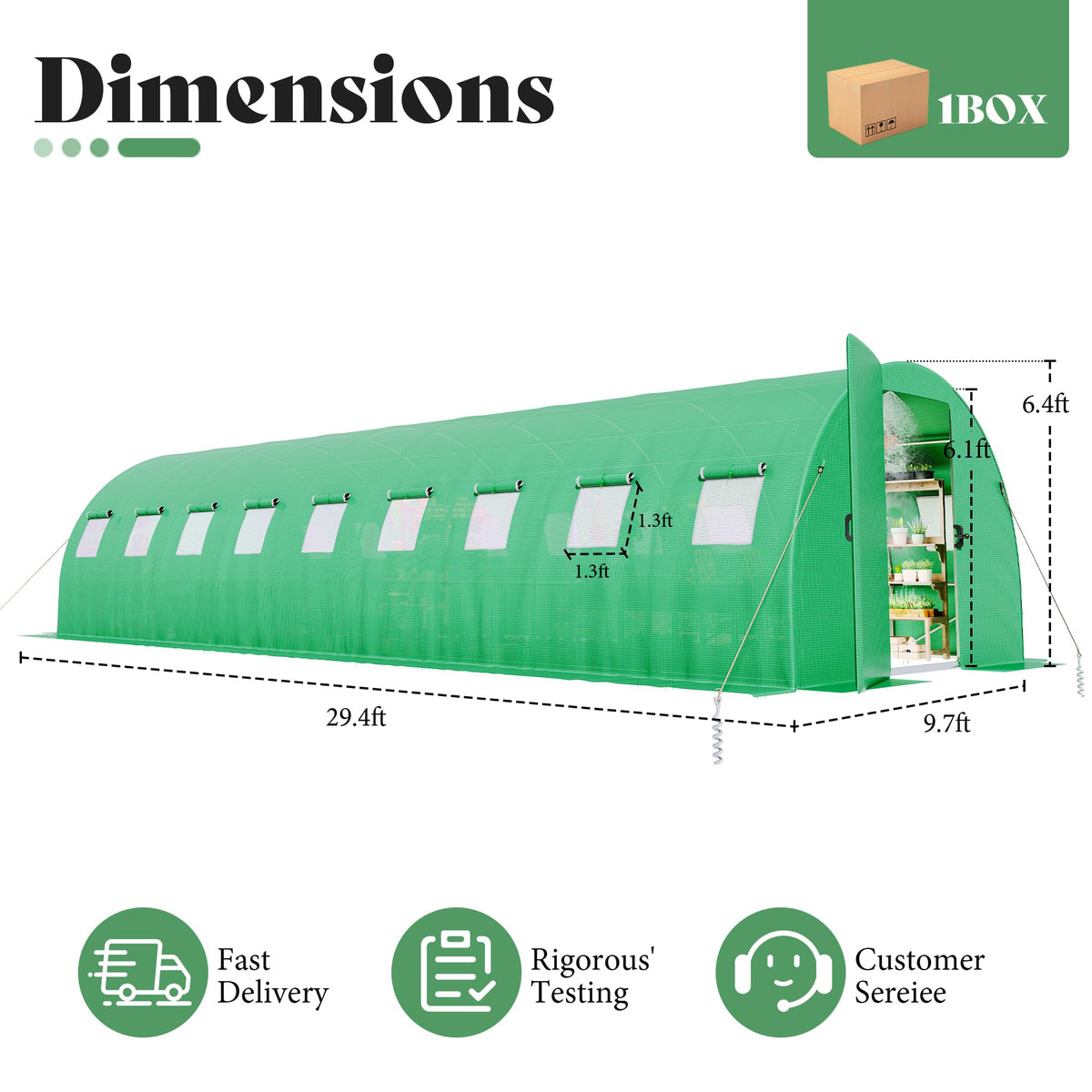 Pro Walk-In Greenhouse with Sprinkler System-30x10 FT(Frame NOT Included)-Green