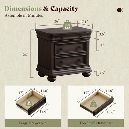 Bun Fully Assembly Wood Nightstand-26"-2PC-Dark Walnut