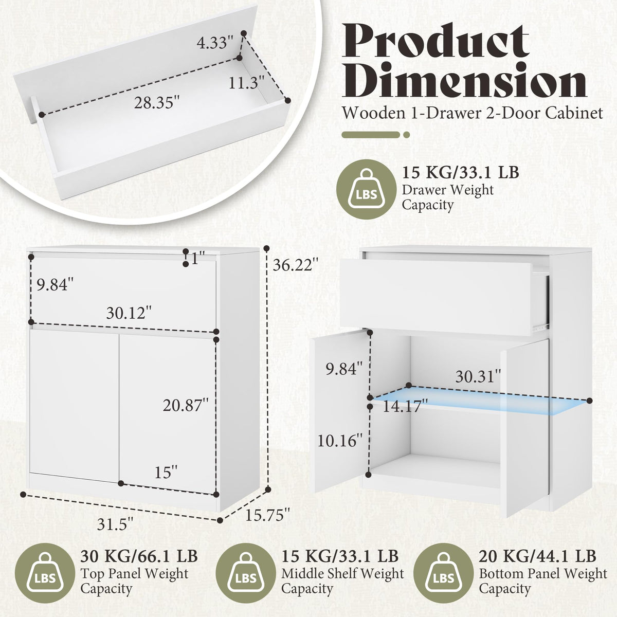 Amerlife Modular Glass Display Cabinet-2-Door & 1-Drawer Cabinet-White