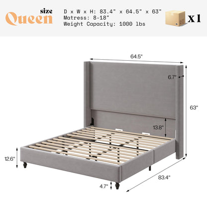 Cordelle Corduroy Wingback Bed Frame-Queen-Light Grey