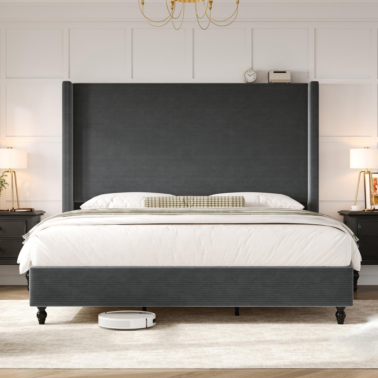 Cordelle Corduroy Wingback Bed Frame-King-Dark Grey