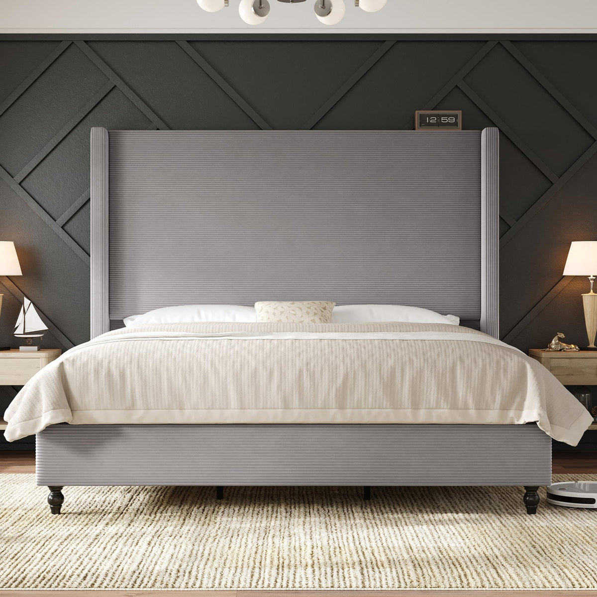 Cordelle Corduroy Wingback Bed Frame-King-Light Grey