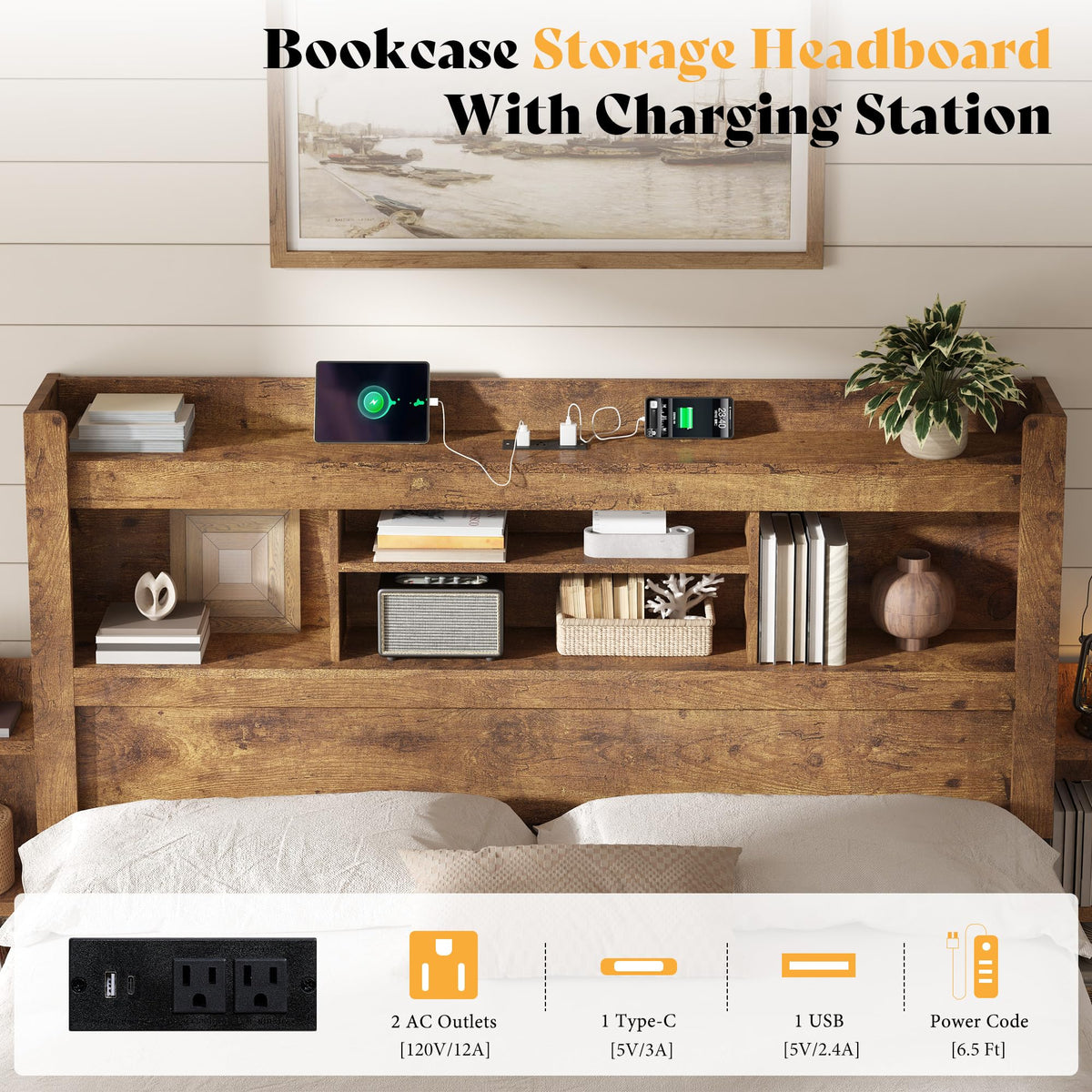Farmhouse King Headboard with Storage & LED Lighting-Rustic Brown-Queen