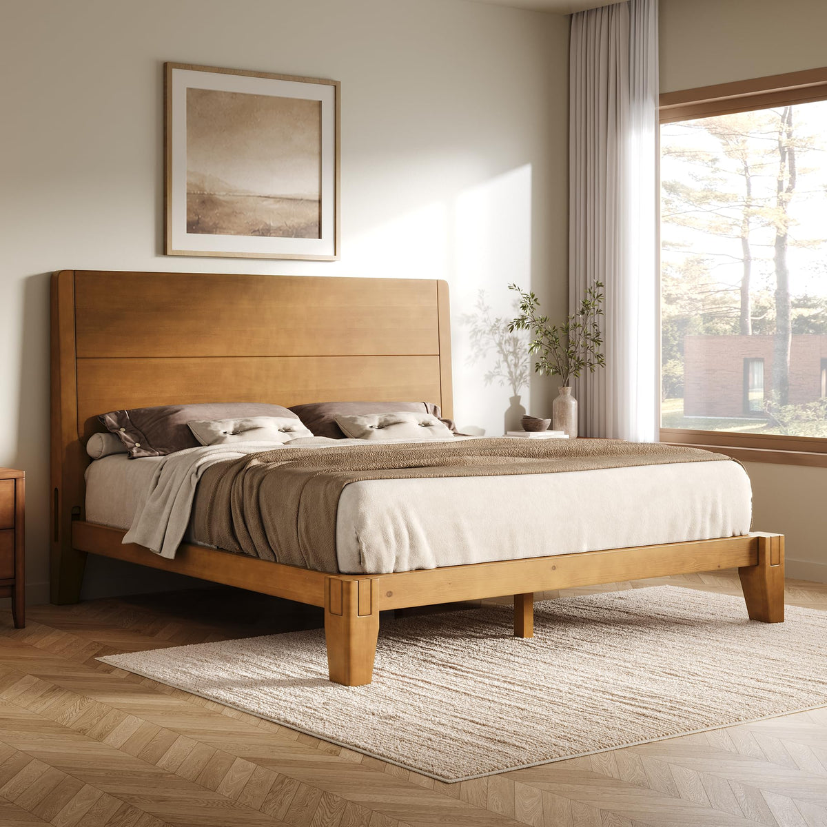 Quill Japanese Joinery Solid Wood Bed Frame-Queen-Brown Walnut