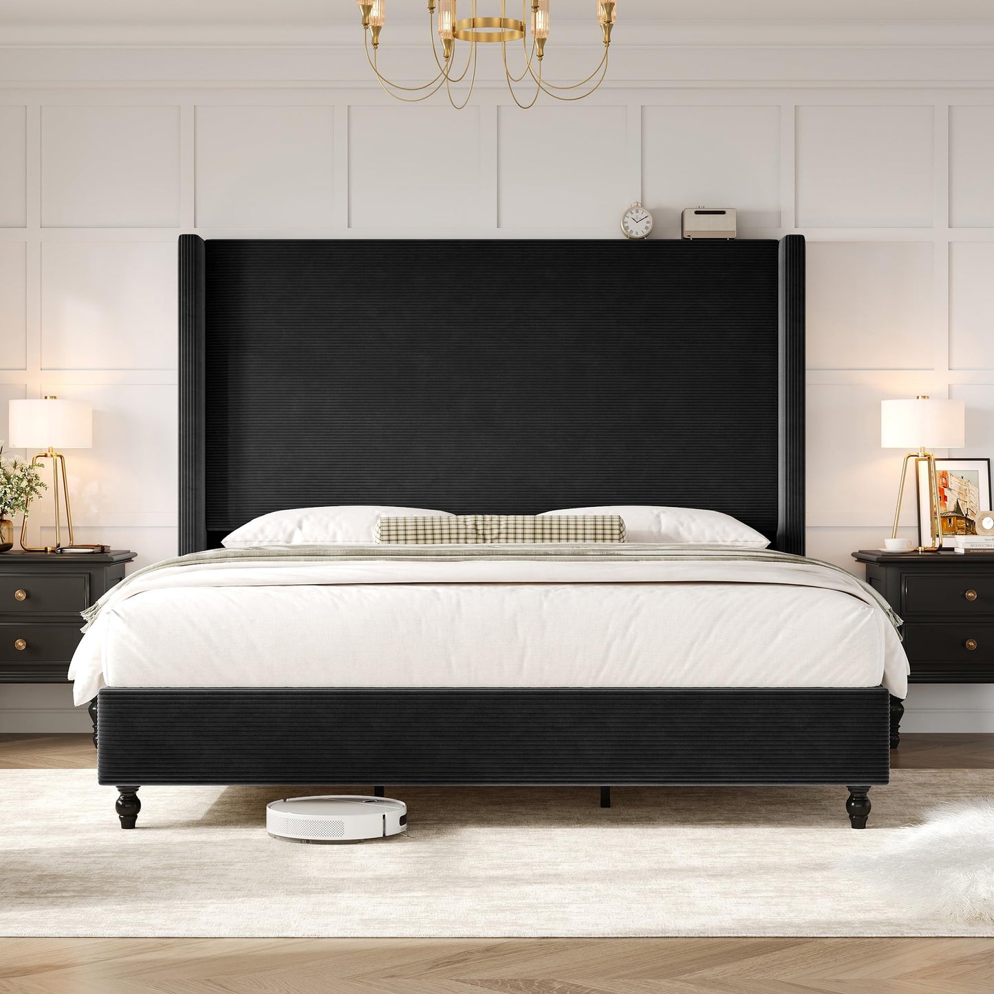 Cordelle Corduroy Wingback Bed Frame-California King-Black