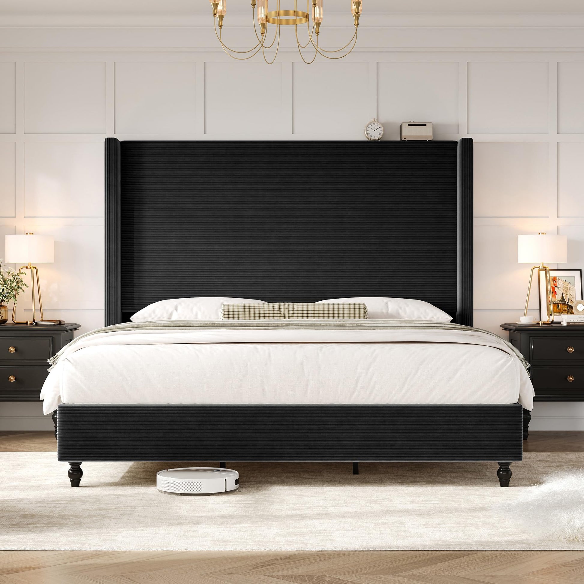 Cordelle Corduroy Wingback Bed Frame-California King-Black