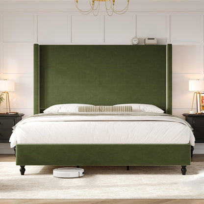 Cordelle Corduroy Wingback Bed Frame-King-Green