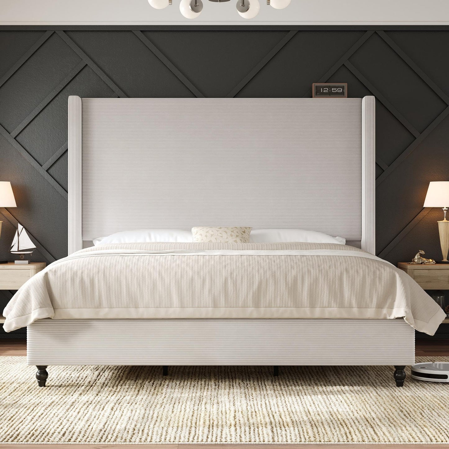 Cordelle Corduroy Wingback Bed Frame-King-Cream