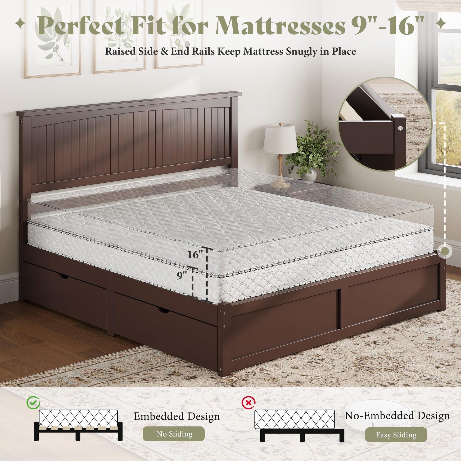 Solid Wood Platform Bed Frame-Queen-Espresso Brown