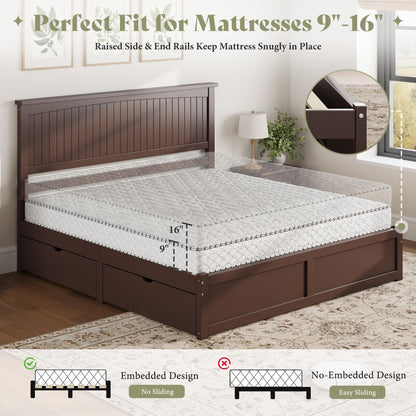 Solid Wood Platform Bed Frame-Queen-Espresso Brown