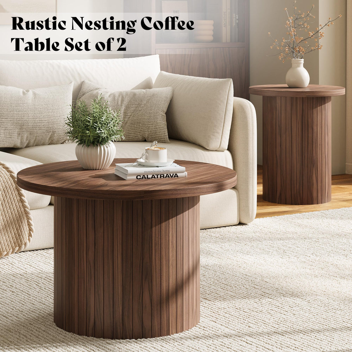 Briar Round Nesting Coffee Table Set with Full Fluted Design-Walnut