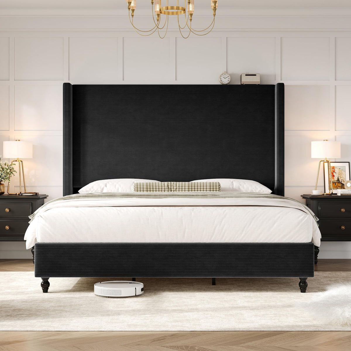 Cordelle Corduroy Wingback Bed Frame-King-Black