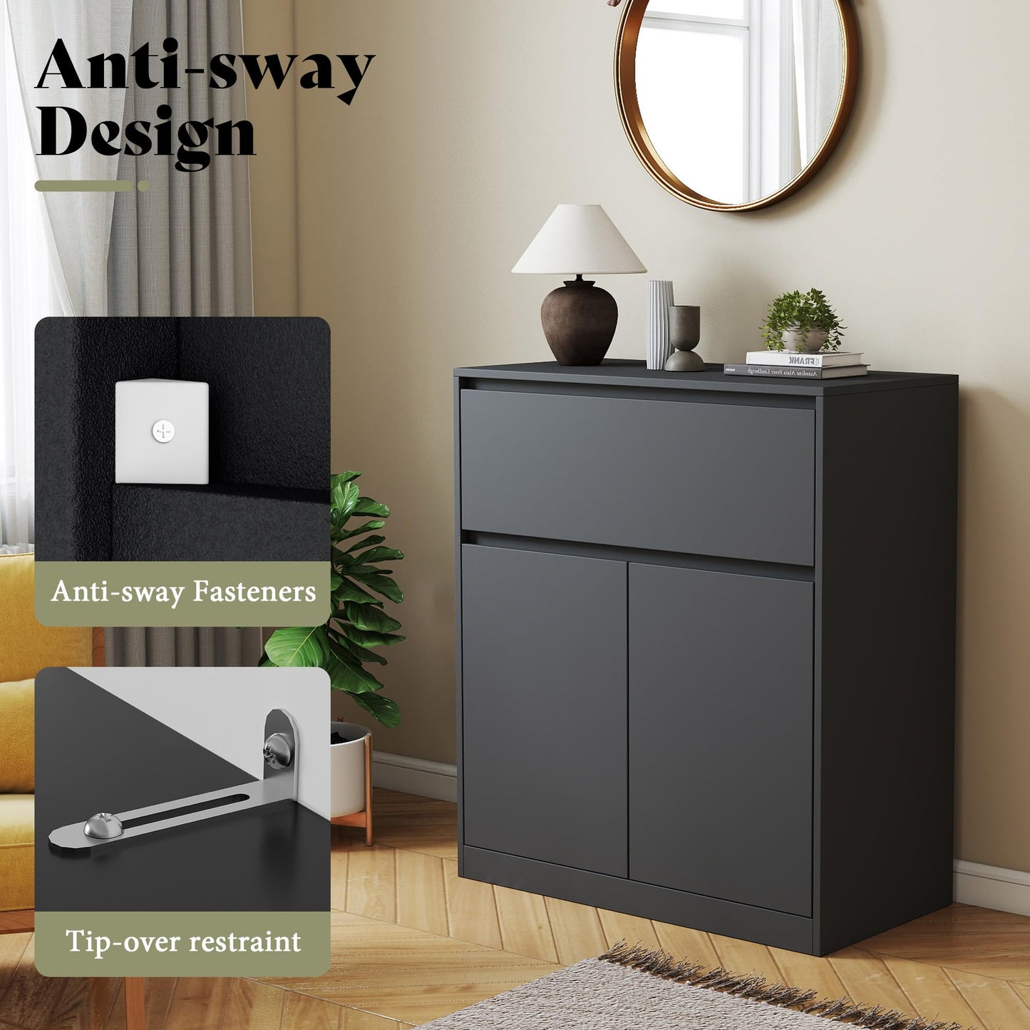 Amerlife Modular Glass Display Cabinet-2-Door & 1-Drawer Cabinet-Black