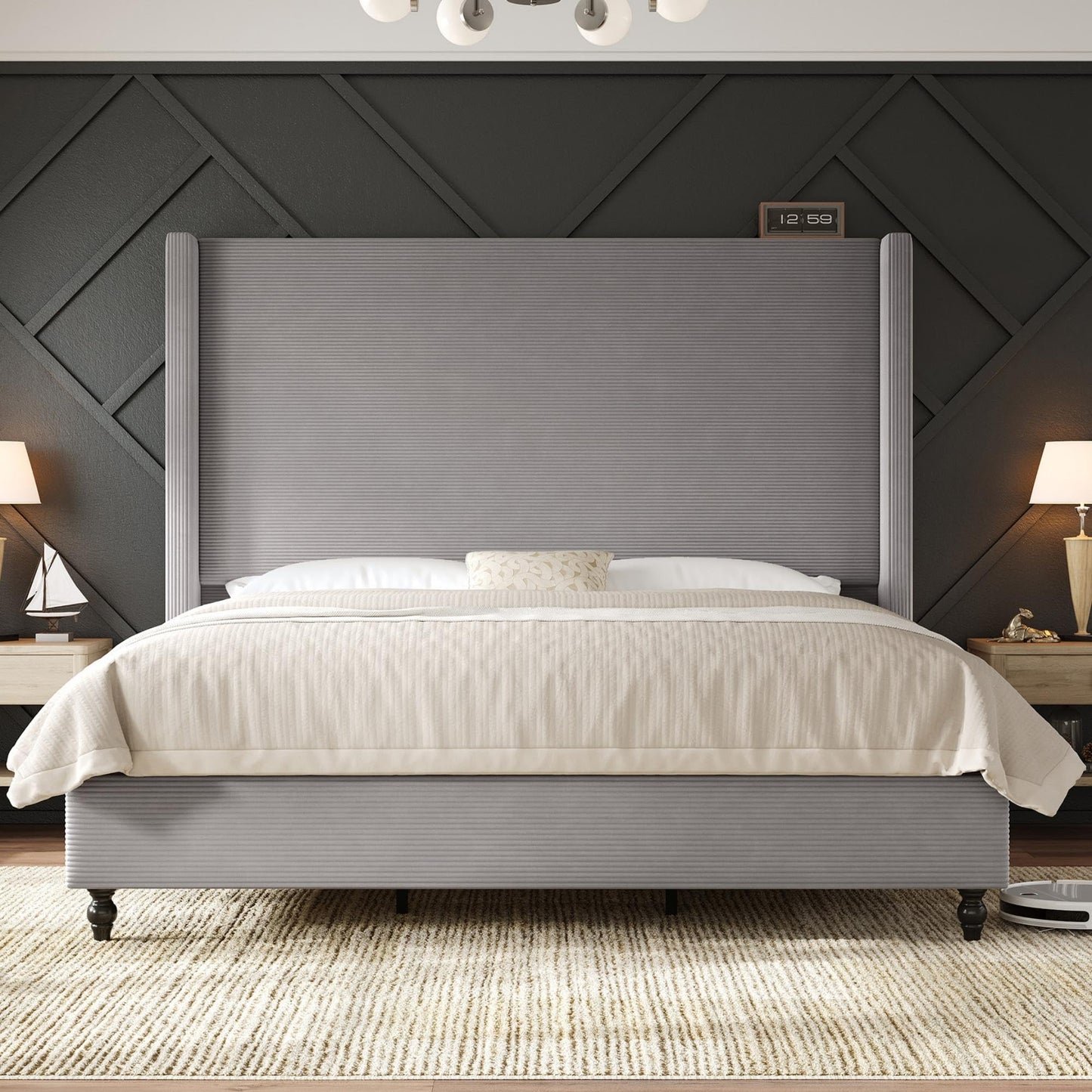 Cordelle Corduroy Wingback Bed Frame-Queen-Light Grey