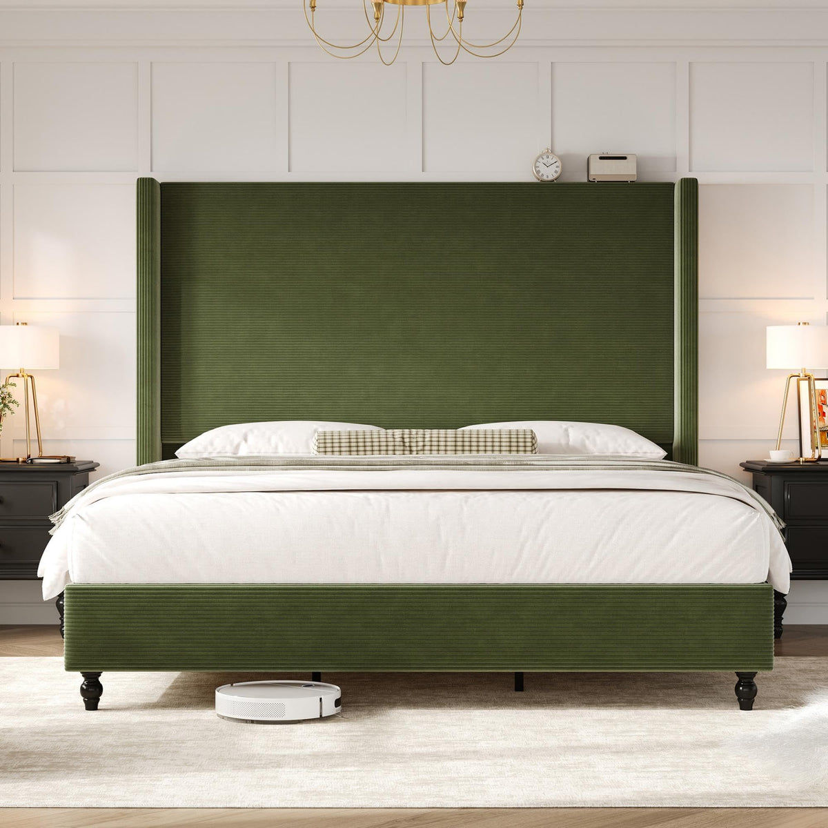 Cordelle Corduroy Wingback Bed Frame-Queen-Green