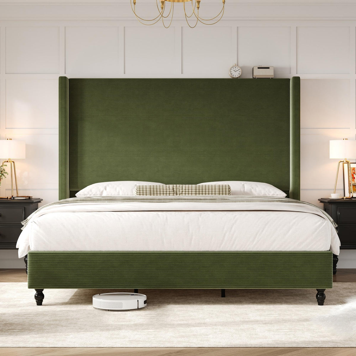Cordelle Corduroy Wingback Bed Frame-California King-Green