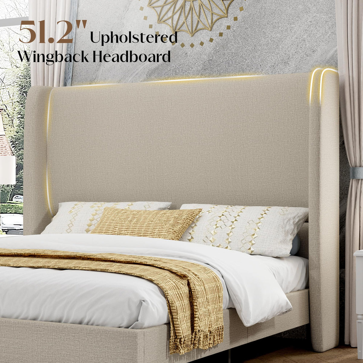 Tall Upholstered Bed Frame with Wingback Headboard-Full-Off-white