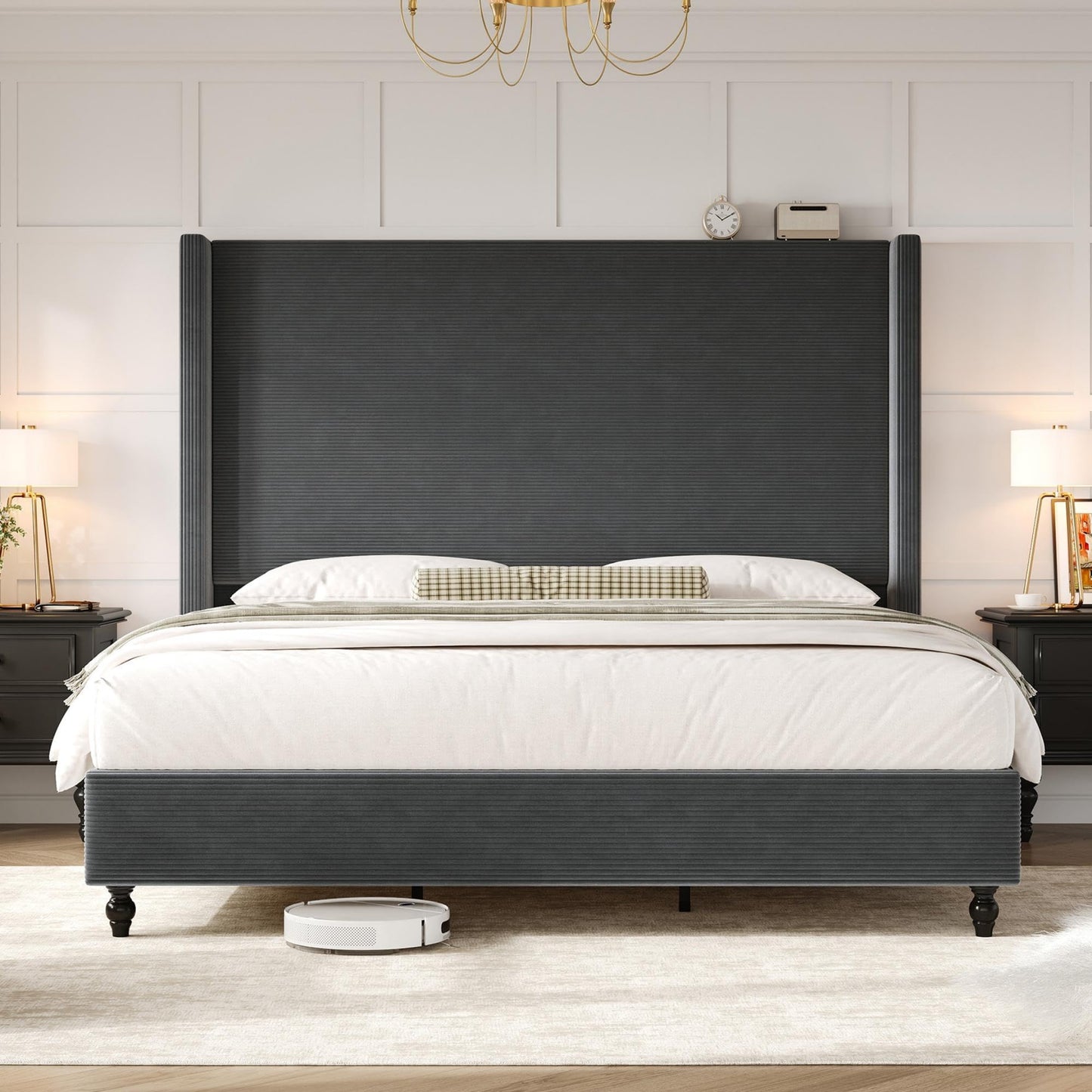 Cordelle Corduroy Wingback Bed Frame-California King-Dark Grey
