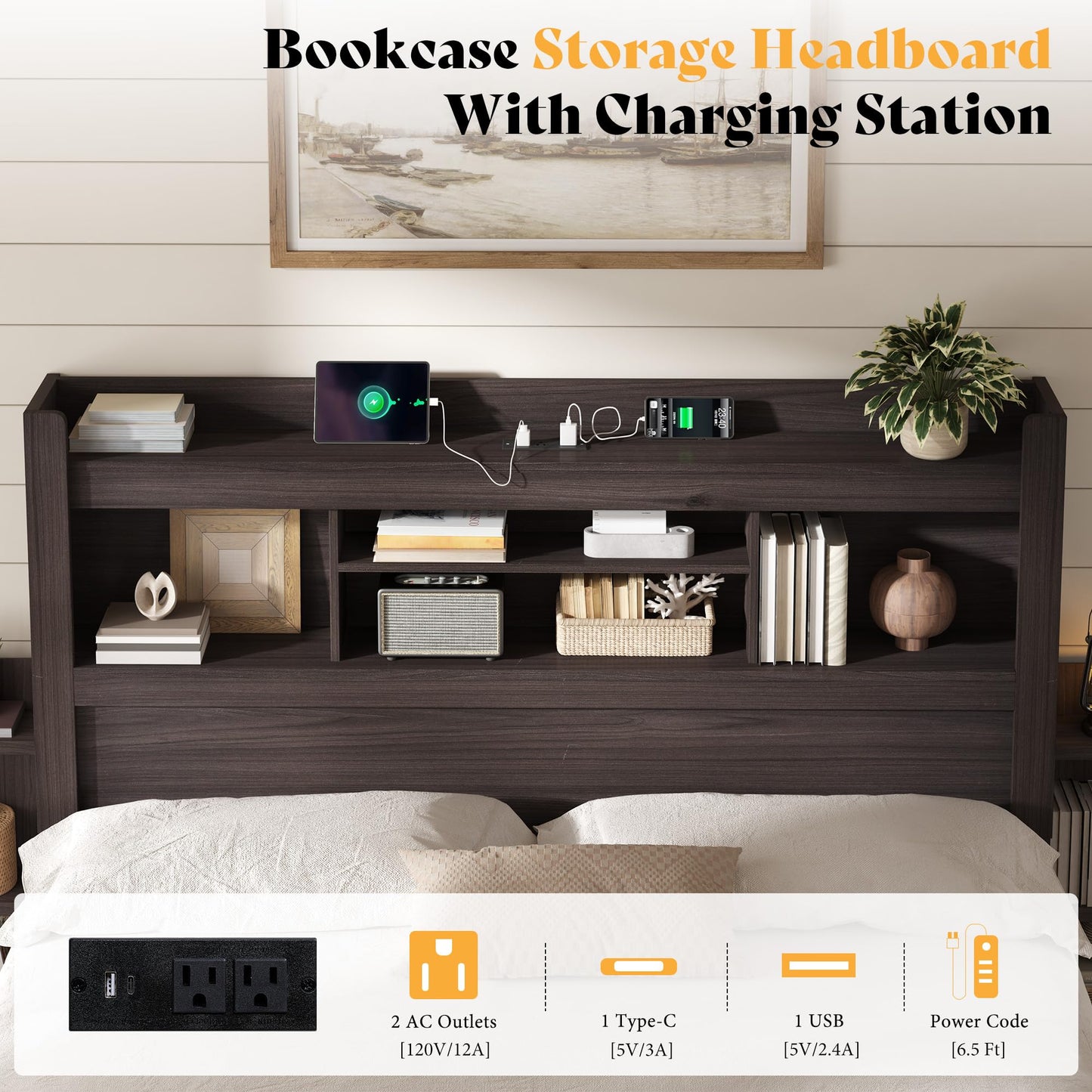 Farmhouse King Headboard with Storage & LED Lighting-Black Oak-Queen