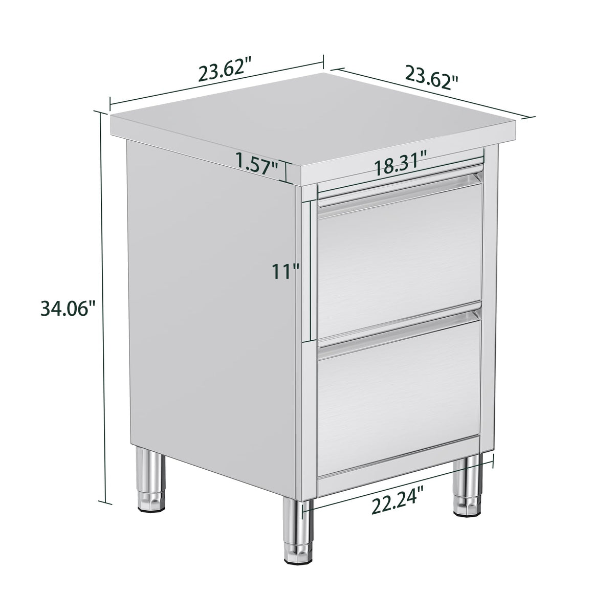 Stainless Steel Work Table with Cabinet & Drawers-24" x 24" x 34" - Double Drawer Cabinet