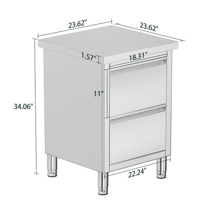 Stainless Steel Work Table with Cabinet & Drawers-24" x 24" x 34" - Double Drawer Cabinet