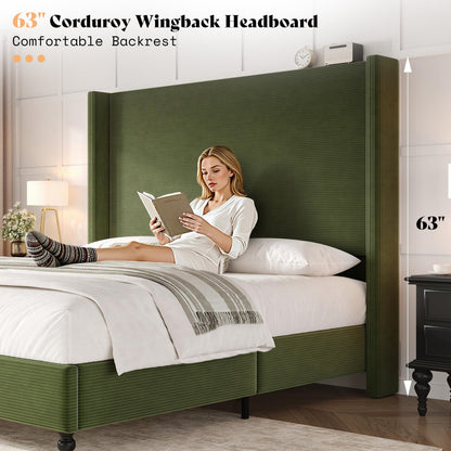 Cordelle Corduroy Wingback Bed Frame-Queen-Green