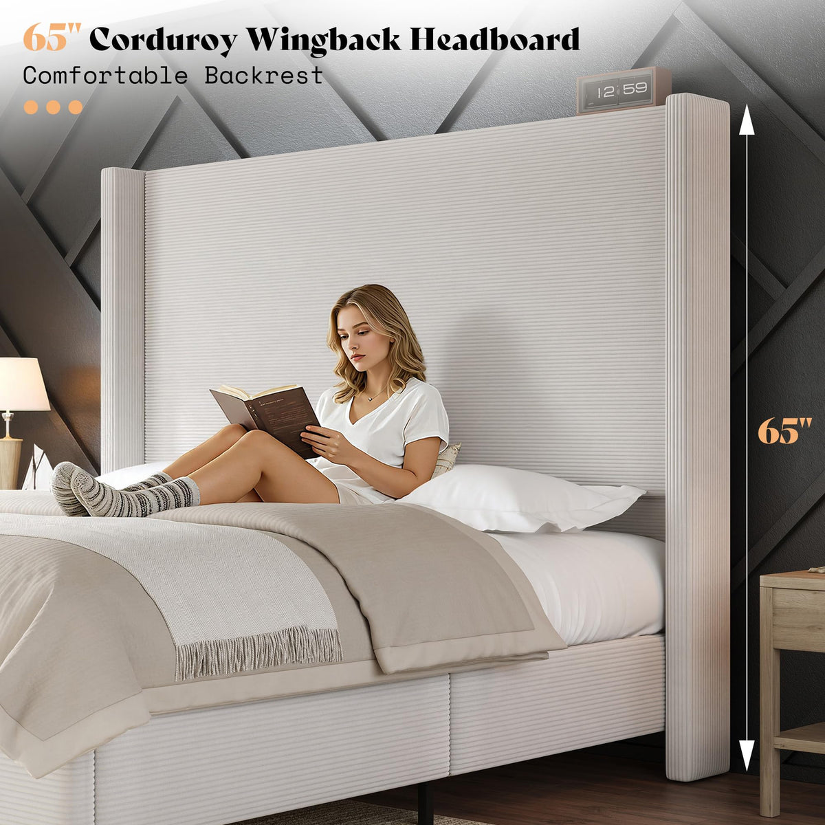 Cordelle Corduroy Wingback Bed Frame-King-Cream
