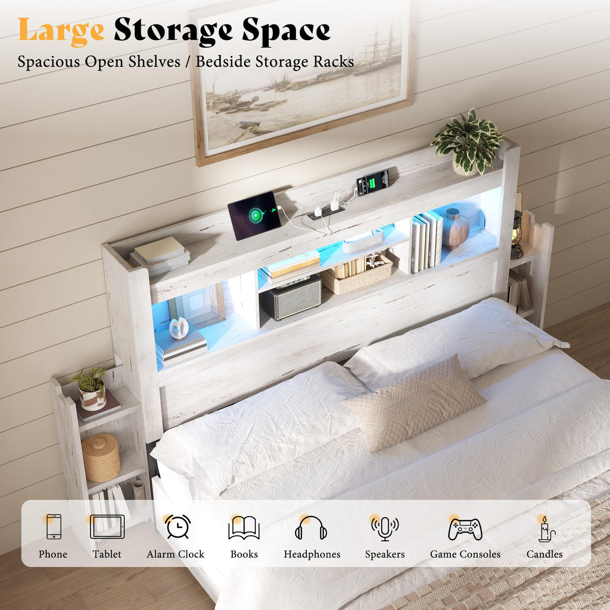 Farmhouse King Headboard with Storage & LED Lighting-Distressed White-Queen