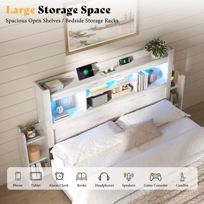 Farmhouse King Headboard with Storage & LED Lighting-Distressed White-Queen