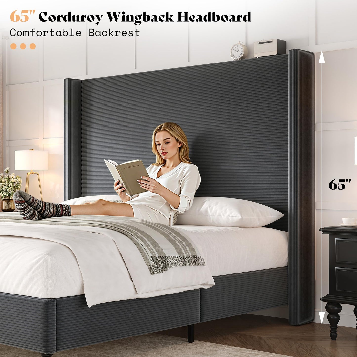 Cordelle Corduroy Wingback Bed Frame-California King-Dark Grey