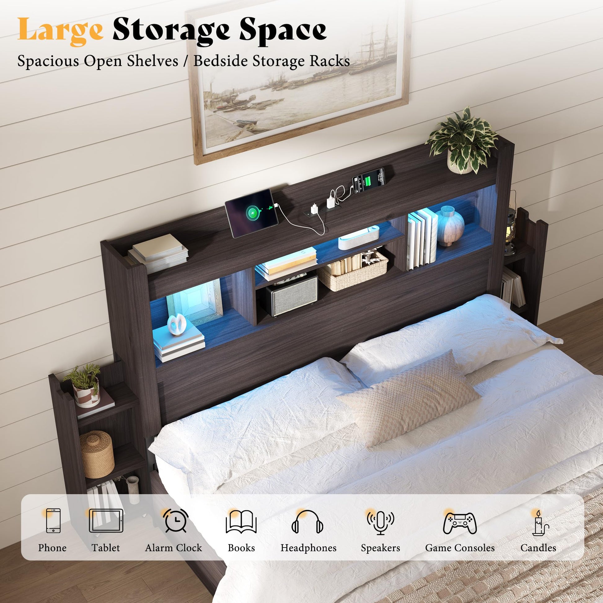 Farmhouse King Headboard with Storage & LED Lighting-Black Oak-King