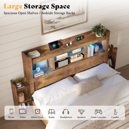 Farmhouse King Headboard with Storage & LED Lighting-Rustic Brown-King
