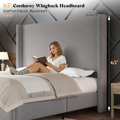 Cordelle Corduroy Wingback Bed Frame-King-Light Grey