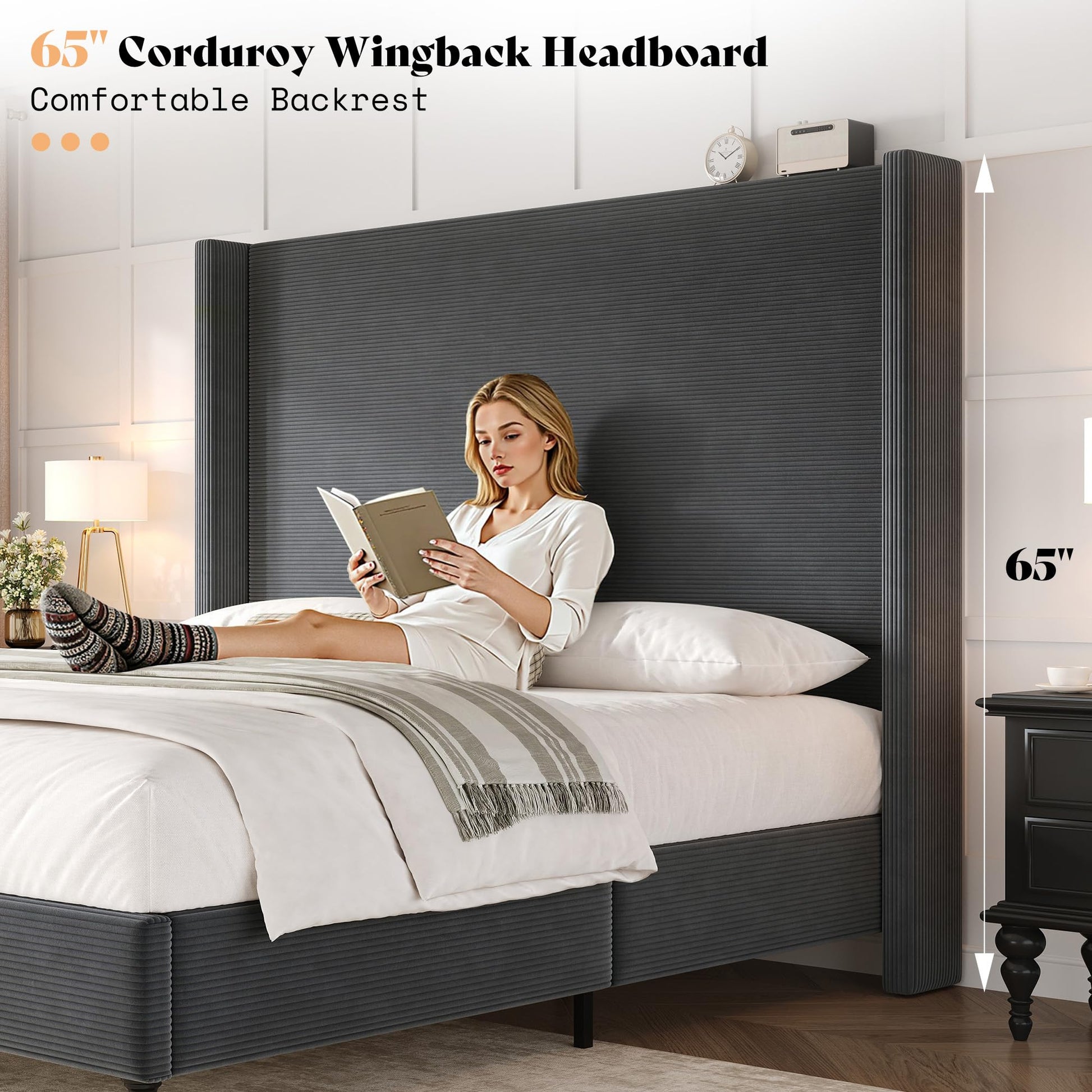Cordelle Corduroy Wingback Bed Frame-King-Dark Grey